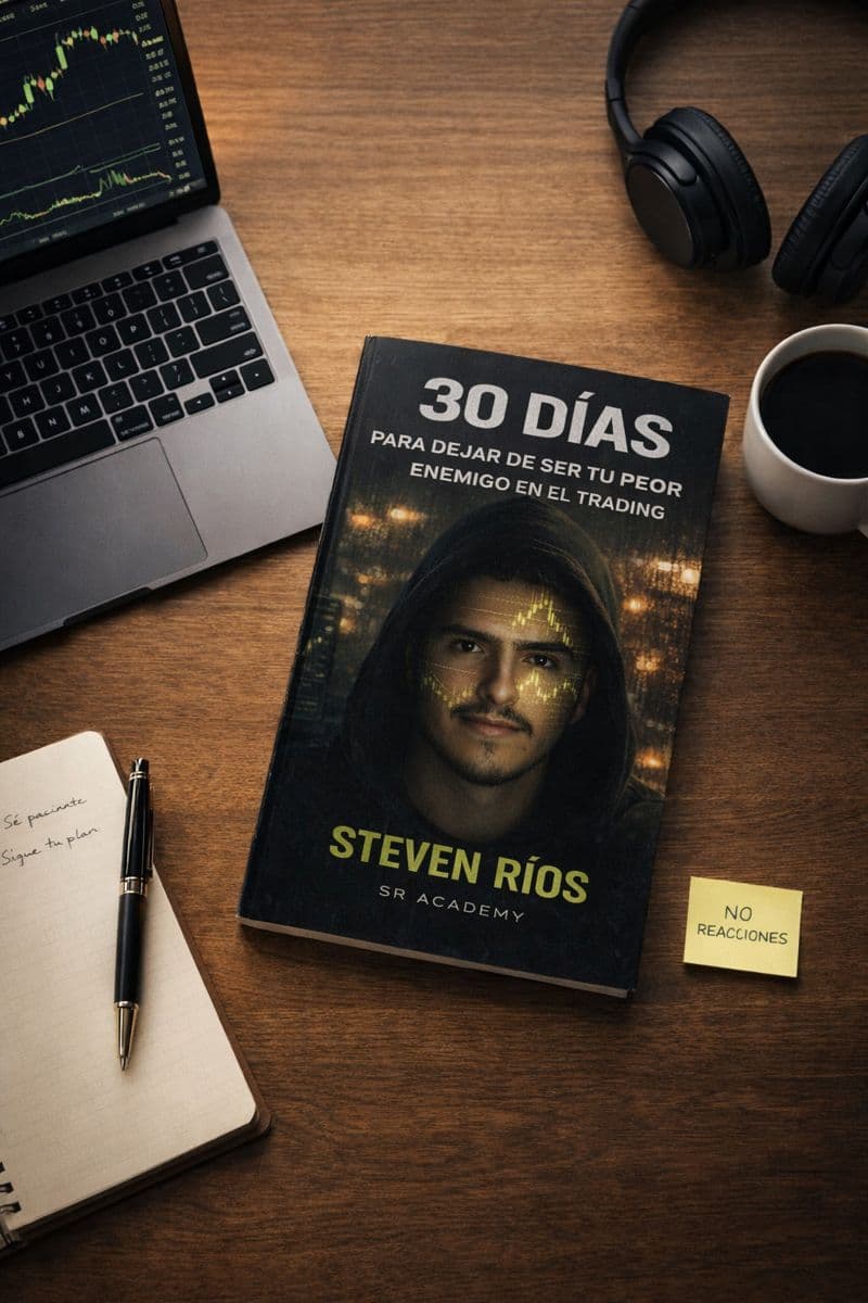 Escritorio de trader con el libro y herramientas de trading