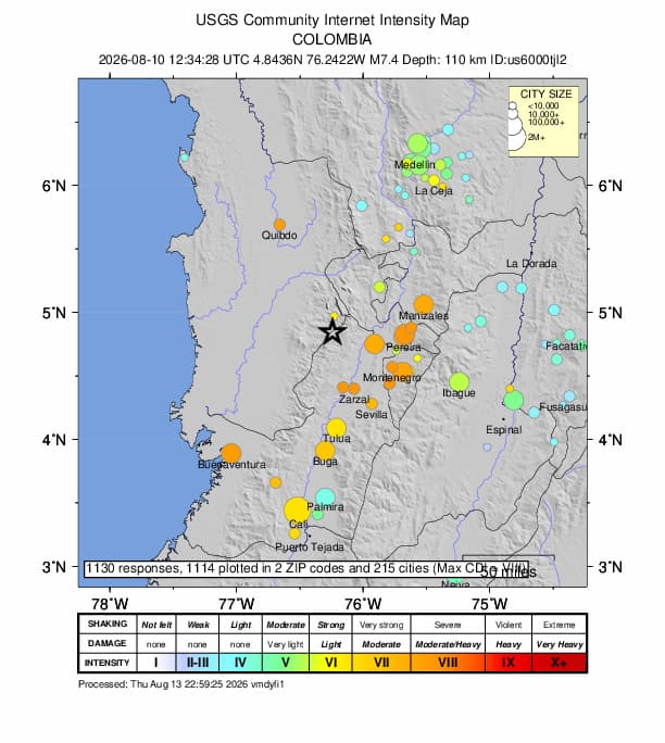 Mapa de intensidad del sismo de magnitud 7,4 del 10 de agosto de 2026 con epicentro en San José del Palmar, Chocó, elaborado por el USGS